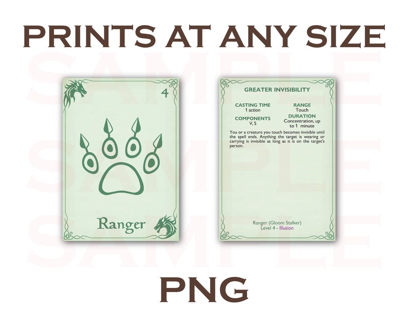 Puede incluir: Tarjeta de doble cara con una huella de pata verde y la palabra "Ranger" en un lado. El otro lado detalla el hechizo "Greater Invisibility". Los textos "PRINTS AT ANY SIZE" y "PNG" tambi&eacute;n son visibles.