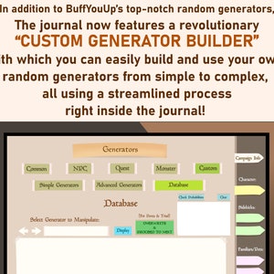 May include: A screenshot of a computer screen showing a program for creating custom generators. The program has a menu with options for creating common, NPC, quest, monster, and custom generators. The program also has a database feature for storing and managing data.