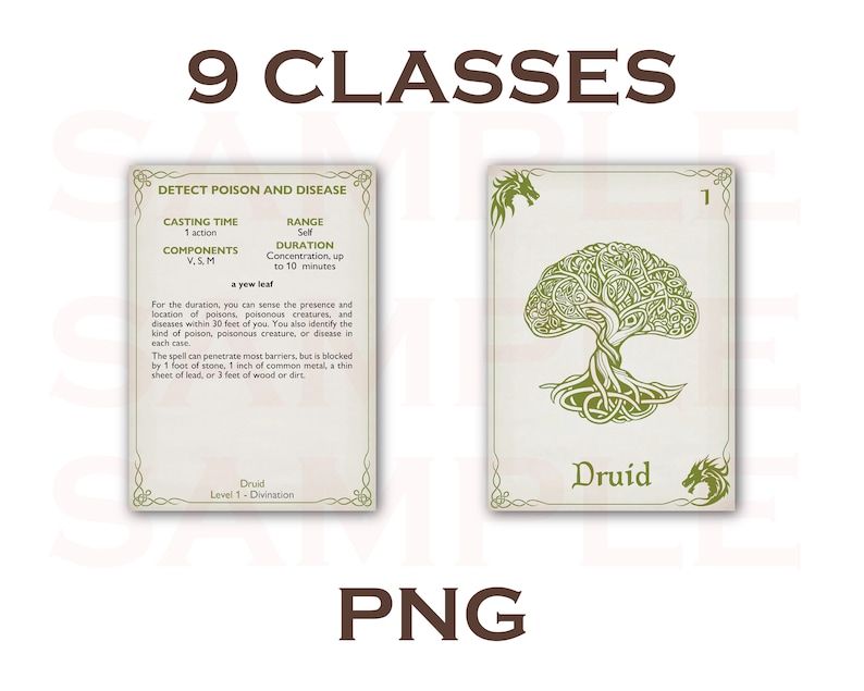 Puede incluir: Dos cartas de tem&aacute;tica fant&aacute;stica con texto e ilustraciones. Una carta detalla un hechizo, "Detectar veneno y enfermedad", con tiempo de lanzamiento, alcance y componentes. La otra carta presenta un dise&ntilde;o de &aacute;rbol celta verde y la palabra "Druida".