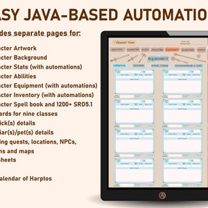 May include: A screenshot of a tablet displaying a character sheet for a tabletop role-playing game. The sheet includes sections for character name, weapons, apparel, magic items, consumables, and miscellaneous items. The sheet also includes a section for tracking quests, locations, NPCs, sessions, and maps. The sheet is designed to be used with a Java-based automation system.
