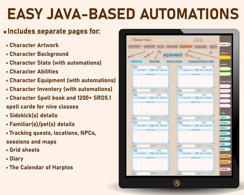 May include: A screenshot of a tablet displaying a character sheet for a tabletop role-playing game. The sheet includes sections for character name, weapons, apparel, magic items, consumables, and miscellaneous items. The sheet also includes a section for tracking quests, locations, NPCs, sessions, and maps. The sheet is designed to be used with a Java-based automation system.
