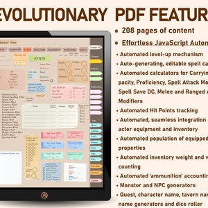 May include: A digital character sheet for a role-playing game, with a brown background and a black frame. The sheet includes sections for character name, attributes, skills, inventory, and spells. The sheet is designed to be used with a PDF document and features automated calculations and tracking.