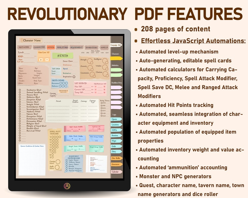 May include: A digital character sheet for a role-playing game, with a brown background and a black frame. The sheet includes sections for character name, attributes, skills, inventory, and spells. The sheet is designed to be used with a PDF document and features automated calculations and tracking.