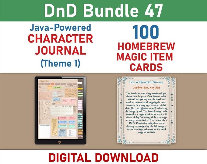 Homebrew Magic Item Cards and Digital Character Journal Theme 1 Bundle (SRD5.1)