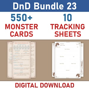 Download digitale di carte mostro DnD, bundle di carte mostro DnD stampabili, fogli di tracciamento DnD stampabili, fogli personaggio Dungeons and Dragons