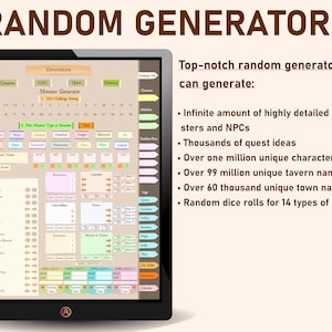 May include: A computer screen displaying a program called "Random Generators". The program has a variety of options for generating random content, including monsters, quests, character names, tavern names, town names, and dice rolls. The text on the screen reads "Top-notch random generators can generate: Infinite amount of highly detailed monsters and NPCs, Thousands of quest ideas, Over one million unique character names, Over 99 million unique tavern names, Over 60 thousand unique town names, Random dice rolls for 14 types of dice."