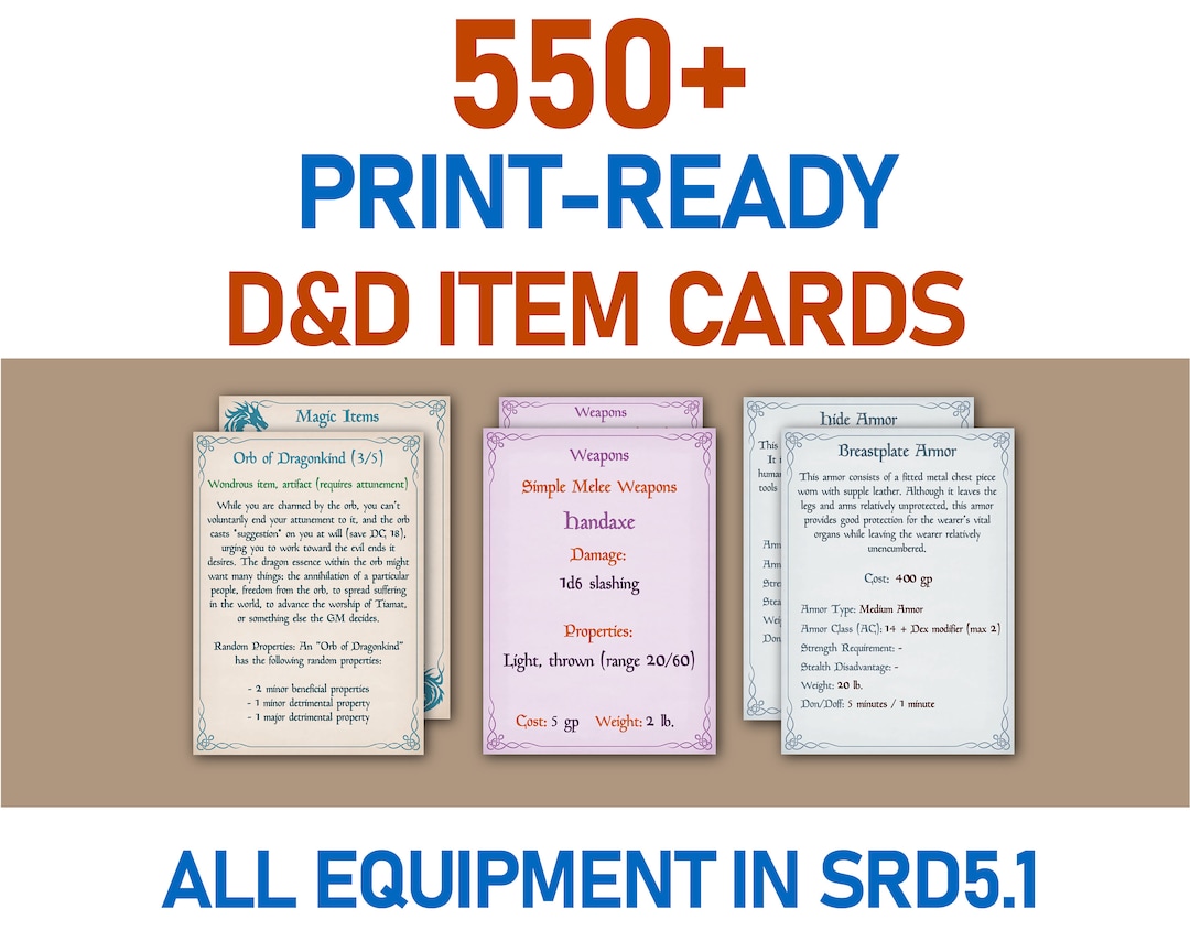 Dnd Equipment Cards Digital Download, Printable Dnd Item Cards Bundle ...