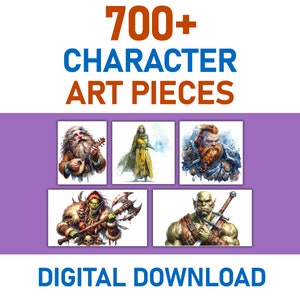 May include: A digital download of over 700 character art pieces. The image shows six different characters, including a dwarf playing a lute, a warrior with a sword, and a green-skinned orc.