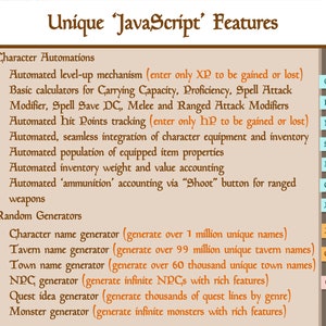 May include: A brown and orange presentation slide with the title "Unique 'JavaScript' Features". The slide lists features for a role-playing game, including automated character level-up, inventory management, and random generators for names, towns, and quests.