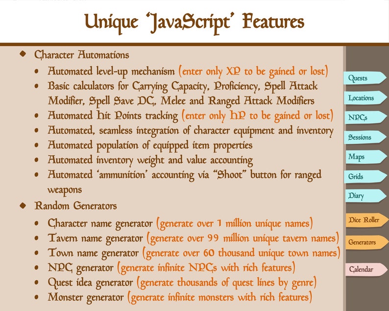 May include: A brown and orange presentation slide with the title "Unique 'JavaScript' Features". The slide lists features for a role-playing game, including automated character level-up, inventory management, and random generators for names, towns, and quests.