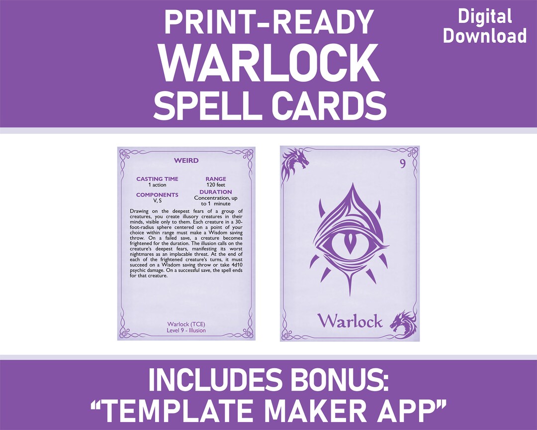 Dnd Warlock Spell Cards Digital Download, Printable Warlock Spellbook Bundle, Warlock Spells