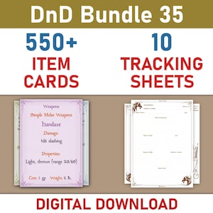 DnD Equipment Cards Digital Download, Printable DnD Item Cards Bundle, Dungeons and Dragons Tracking Sheets, DnD Campaign Tracker