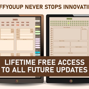 May include: Two digital planners on a brown background. The planner on the left is labeled "Campaign" and the planner on the right is labeled "Sessions". The text "BUFFYOUUP NEVER STOPS INNOVATING!" is at the top of the image. The text "LIFETIME FREE ACCESS TO ALL FUTURE UPDATES" is at the bottom of the image.