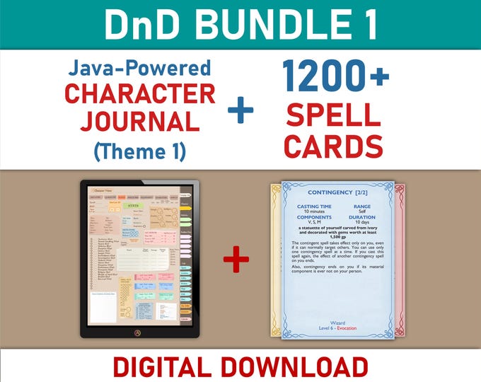 DnD Spell Cards Digital Download, Digital Character Journal, Printable Dnd Spell Book, Bundle, Dungeons and Dragons 5e D&D Character Sheets