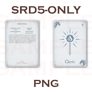 Puede incluir: Dos cartas de fantas&iacute;a con el texto "SRD5-ONLY" y "PNG". Una carta detalla "MASS HEAL" con informaci&oacute;n sobre hechizos. La otra carta presenta una maza estilizada y la palabra "Cleric" con el n&uacute;mero "9".