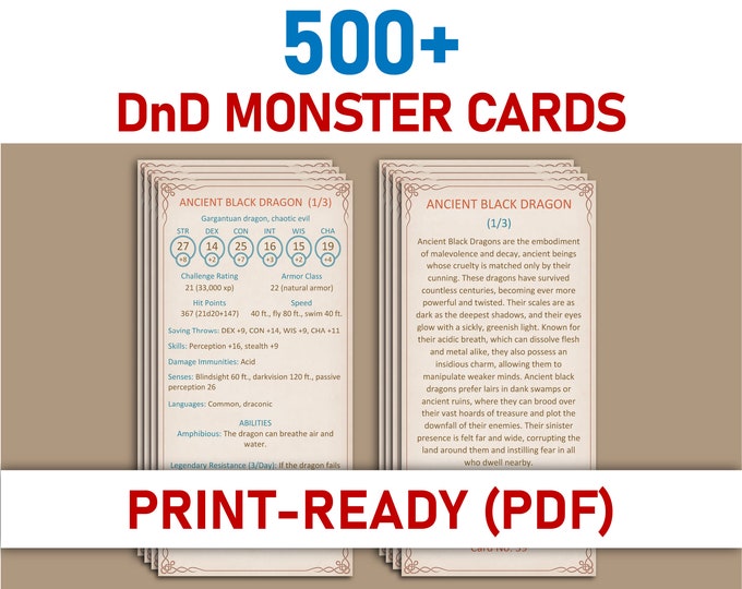 Printable Monster Cards PDF Bundle – Complete SRD5.1 Collection with Original Lore (540 Cards)