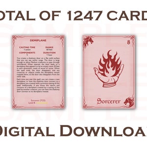 Puede incluir: Dos cartas de juego. Una carta detalla un hechizo, la otra muestra una mano sosteniendo llamas y la palabra "Sorcerer". Tambi&eacute;n se ve el texto "TOTAL OF 1247 CARDS" y "DIGITAL DOWNLOAD".