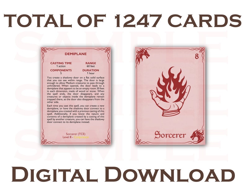 Puede incluir: Dos cartas de juego. Una carta detalla un hechizo, la otra muestra una mano sosteniendo llamas y la palabra "Sorcerer". Tambi&eacute;n se ve el texto "TOTAL OF 1247 CARDS" y "DIGITAL DOWNLOAD".