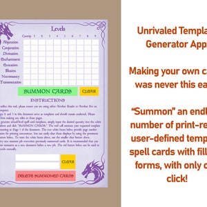 Puede incluir: Una plantilla digital para crear cartas de hechizos. El dise&ntilde;o presenta una cuadr&iacute;cula para niveles y escuelas de magia, con instrucciones y botones para invocar y borrar cartas. El texto incluye "Unrivaled Template Generator App."
