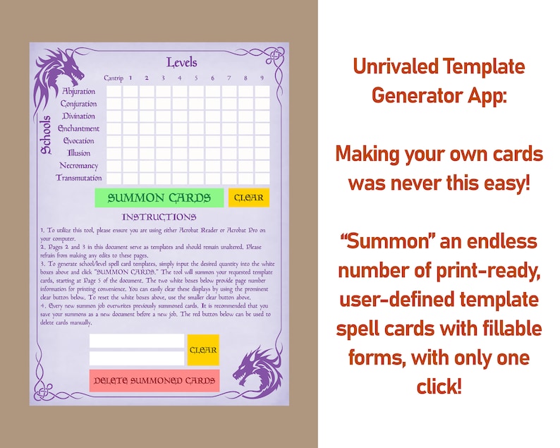 Puede incluir: Una plantilla digital para crear cartas de hechizos. El dise&ntilde;o presenta una cuadr&iacute;cula para niveles y escuelas de magia, con instrucciones y botones para invocar y borrar cartas. El texto incluye "Unrivaled Template Generator App."