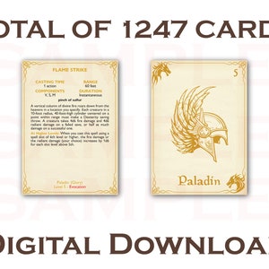 Puede incluir: Dos cartas de juego de tem&aacute;tica fant&aacute;stica con fondo color crema. Una carta presenta texto que describe un hechizo "Flame Strike". La otra carta muestra un casco dorado y la palabra "Paladin". Tambi&eacute;n se ve el texto "TOTAL OF 1247 CARDS" y "DIGITAL DOWNLOAD".