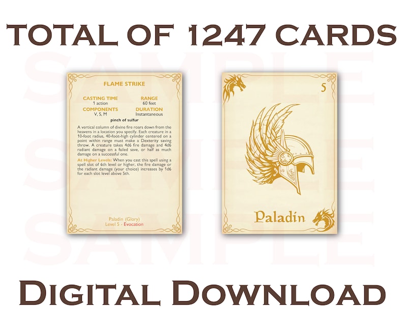 Puede incluir: Dos cartas de juego de tem&aacute;tica fant&aacute;stica con fondo color crema. Una carta presenta texto que describe un hechizo "Flame Strike". La otra carta muestra un casco dorado y la palabra "Paladin". Tambi&eacute;n se ve el texto "TOTAL OF 1247 CARDS" y "DIGITAL DOWNLOAD".