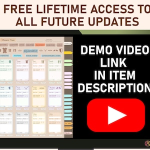 May include: A computer screen displaying a digital character sheet with a variety of categories, including "Equipment", "Magic Items", and "Consumables & Misc." The screen also includes a red YouTube play button with the text "DEMO VIDEO LINK IN ITEM DESCRIPTION".
