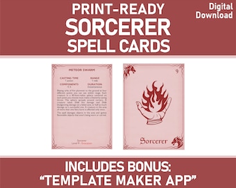 Cartas de hechizo de hechicero de DnD: paquete de libro de hechizos imprimible (descarga digital)