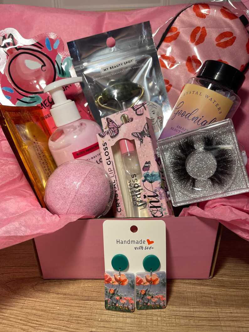 Deluxe Self Care Gift Box for Her Bath Salts Skin Care Face Masks Lotion Handmade Earrings Bath