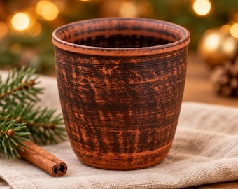 Red Clay Tumbler 320ml, Handmade Mulled Wine Cup, Rustic Pottery Mug No Handle, Cozy Winter Drinkware, Christmas Stocking Stuffer