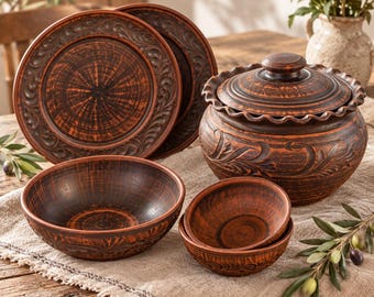 Clay Serving Set 6pc, Handmade Dumpling Baker with Lid 3L, 2 Plates & 3 Bowls, Rustic Pottery Tableware, Natural Red Clay Gift