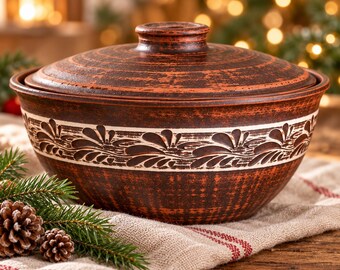 Red Clay Pot with Lid 3.3L, Handmade Engobe Casserole, Winter Stew Pot, Rustic Pottery Cookware, Christmas Family Gift