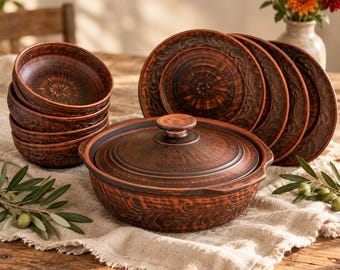 Clay Dinnerware Set for 4, 9pc Handmade Deep Roasting Pan 3L, 4 Plates & 4 Soup Bowls, Rustic Pottery, Natural Red Clay Gift