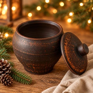 May include: A dark brown, round clay pot with a matching lid. The exterior features horizontal wavy line engravings and a distressed, weathered texture. The pot has a wide opening and a small knob on the center of the circular lid.