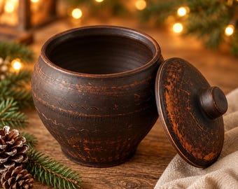 Clay Baking Pot with Lid 500ml, Handmade Individual Baker, Christmas Pot Roast, Rustic Pottery, Stocking Stuffer for Cook