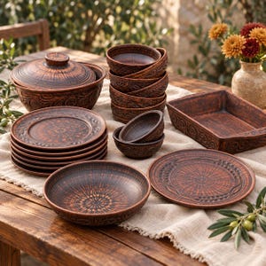 May include: A collection of brown clay dinnerware featuring a lidded tureen, a rectangular baking dish, several stacked plates, and small bowls. Each piece displays a dark, mottled finish with intricate embossed floral and wheat patterns.