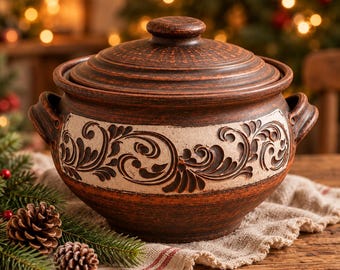 Red Clay Soup Tureen 5L, Handmade Serving Pot with Lid, Christmas Table Centerpiece, Rustic Pottery, Holiday Family Gift
