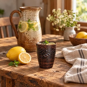 May include: A brown ceramic pitcher with a speckled finish filled with lemon slices and mint leaves, alongside a matching dark brown ceramic tumbler featuring an embossed floral pattern, two whole lemons, and a sliced lemon half.