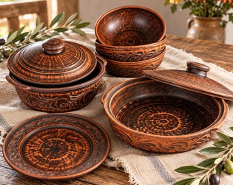 Clay Cookware and Serving Set 6pc, Handmade Roasting Pan, Carved Roasting Pot with Lid, 3 Bowls & Plate, Rustic Pottery, Red Clay Gift