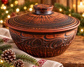 Red Clay Casserole Pot with Lid 3.3L, Handmade Stew Pot, Christmas Dinner Cookware, Rustic Pottery, Holiday Family Gift