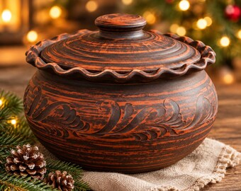 Red Clay Dumpling Baker 3L, Handmade Vareniki Dish, Christmas Serving Pot, Rustic Pottery Bakeware, Holiday Gift for Mom
