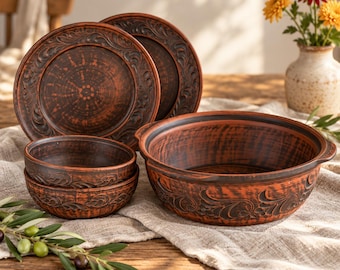 Clay Dinner Set for 2, 5pc Handmade Deep Roasting Pan 3L, 2 Bowls & 2 Plates, Rustic Pottery Dinnerware, Natural Red Clay Gift