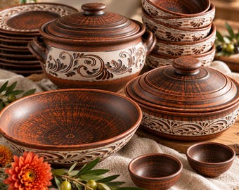 Clay Dinnerware Set for 6 with Engobe Ornament, 17pc Handmade Soup Tureen 5L, Bowls, Plates & Roasting Pot, Rustic Pottery Gift