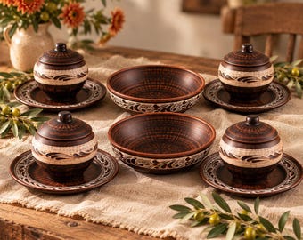Clay Dinner Set for 4, 10pc Handmade 4 Baking Pots, 4 Plates & 2 Salad Bowls with Engobe Ornament, Rustic Pottery, Red Clay Gift