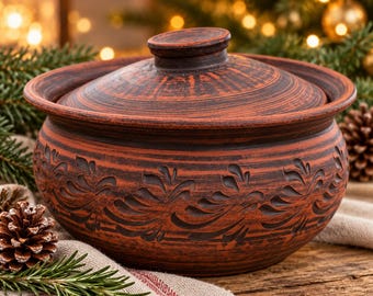 Clay Roasting Pot with Lid 6L, Large Handmade Casserole 29cm, Christmas Dinner Cookware, Rustic Clay Baker, Holiday Gift for Cook