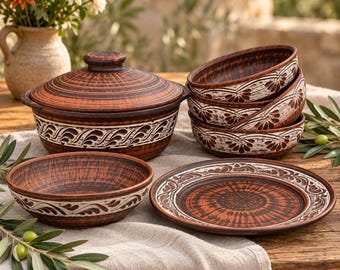 Clay Dinner Set 7pc with Engobe Ornament, Handmade Roasting Pot, Salad Bowl, Plate & 4 Soup Bowls, Rustic Pottery, Red Clay Gift