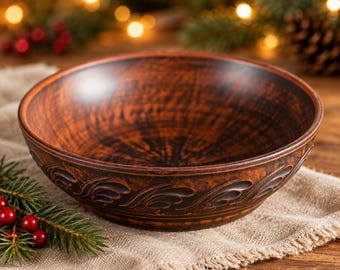 Red Clay Salad Bowl 1.4L, Handmade Serving Bowl, Rustic Christmas Table Centerpiece, Pottery Fruit Bowl, Holiday Hostess Gift