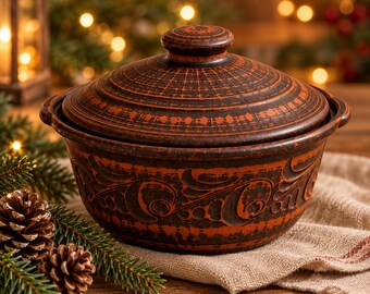 Carved Red Clay Roasting Pan 2L, Handmade Serving Pot, Christmas Casserole, Rustic Pottery Bakeware, Holiday Gift for Cook