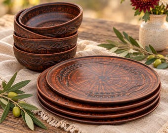 Clay Dinnerware Set for 4, 8pc Handmade 4 Dinner Plates 25cm & 4 Soup Bowls, Rustic Pottery Set, Natural Red Clay, Housewarming Gift