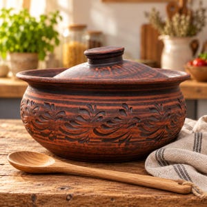 Large Red Clay Cooking Pot with Lid 6L, Handmade Ceramic Casserole 29cm, Rustic Clay Baker, Natural Pottery Cookware, Housewarming Gift